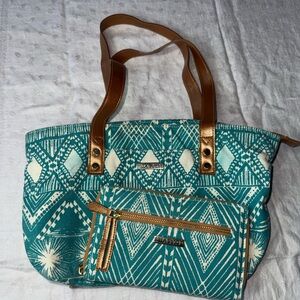 Bella Taylor Teal Geometric Tote with Brown Straps